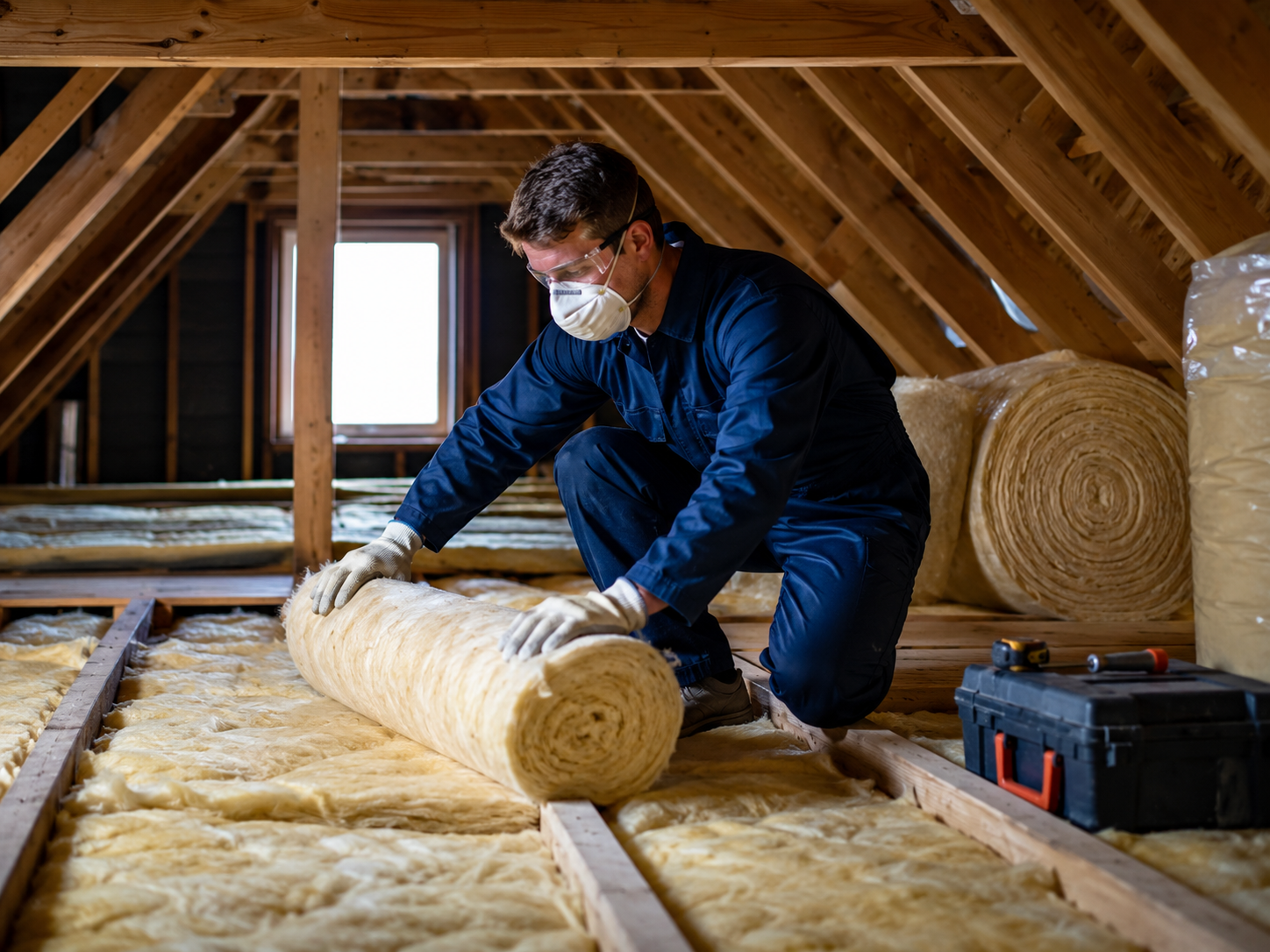 Sublime installer preparing loft insulation rolls in a UK roof space